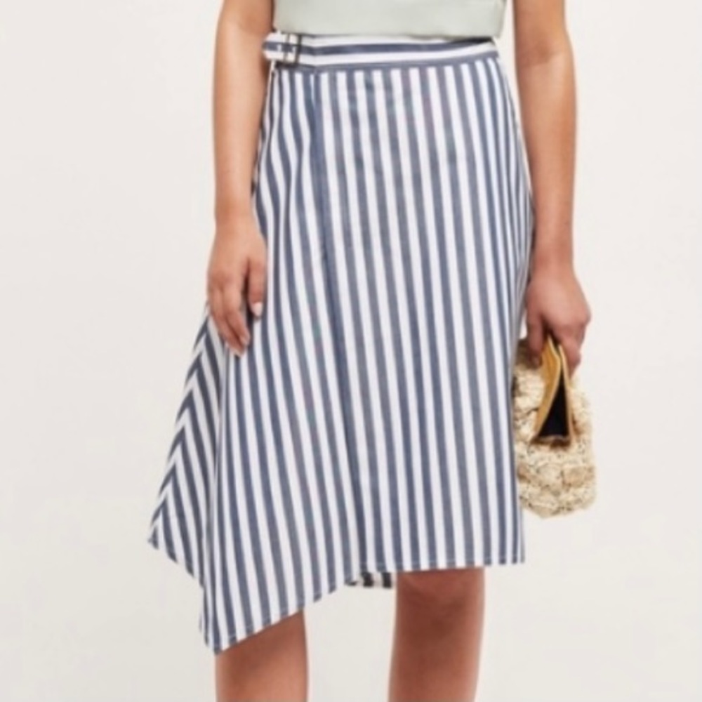 Anthropologie Blue and White Striped Midi Wrap Skirt